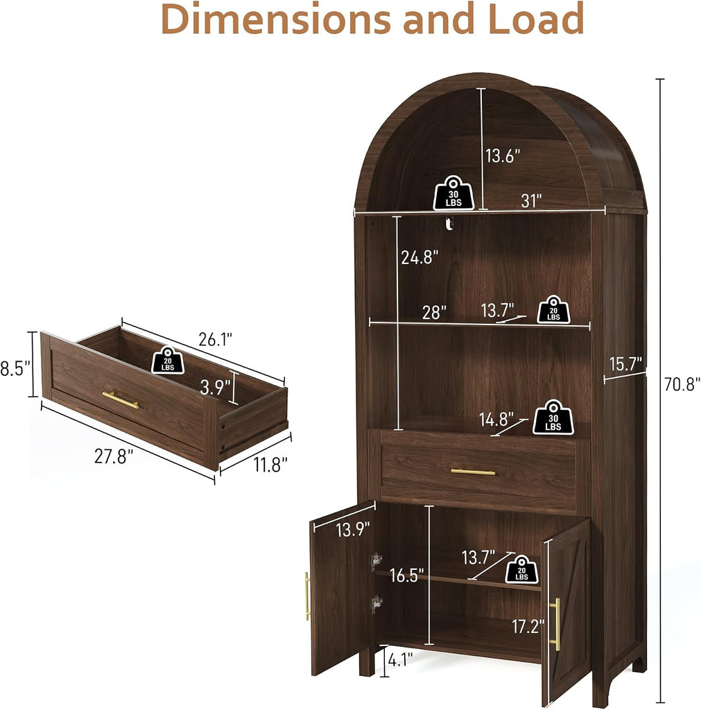 70.8" Tall Arched Bookcase 5-Tier Pantry Cabinet with Doors, Walnut | Tall wooden cabinet with five shelves, doors
