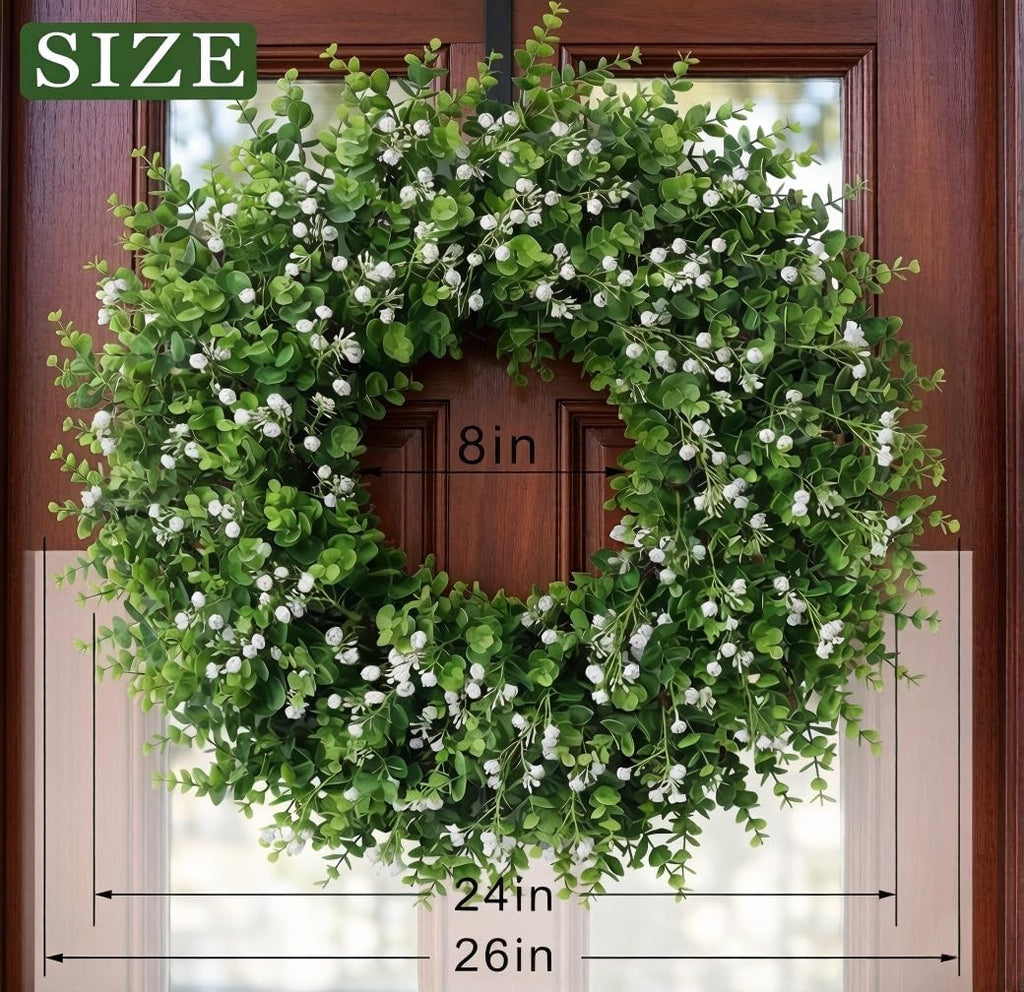 Artificial Boxwood Wreath for Front Door, Farmhouse Year Round Greenery Wreath, Indoor Outdoor with Hanging Tag