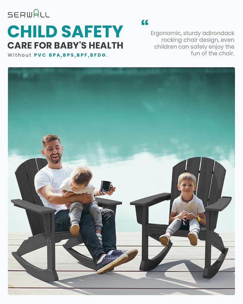 Outdoor HDPE Adirondack Rocking Chairs Set of 2, All-Weather, Grey | The rocking chair features safe rocking design