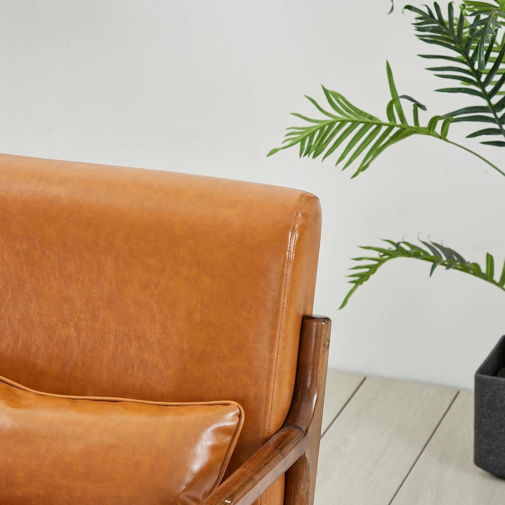 Set Mid Century Yellowish Brown Accent Armchair, Single Reading Armchair PU Leather Lounge Chair with Walnut - Set of 2