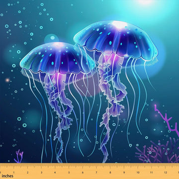 Jellyfish Light Fabric By The Yard, Marine Life Upholstery Fabric, Ocean Theme Seaweed Bubbles Decorative Fabric