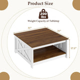 Farmhouse Coffee Table, 31 Inch Square Wood Coffee Table with Storage Shelf