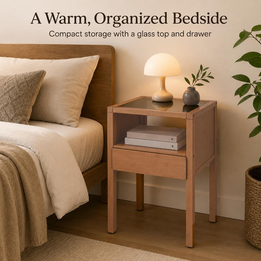 Bamboo Nightstand with Tempered Glass Top and Drawer, Small Bedside Table with Open Shelf Storage, Natural