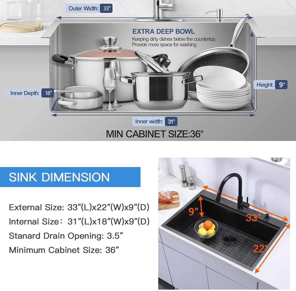 33x22 Drop Sinks Black, Gunmetal Black Stainless Steel Workstation 16Guage Topmount Single Bowl 9 Inch Deep Sink with