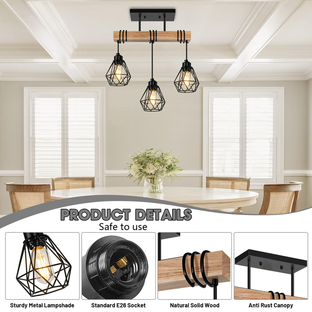Farmhouse Dining Room Pendant Light Fixtures Over Table, Rustic Solid Wood Kitchen Island Lighting Hanging