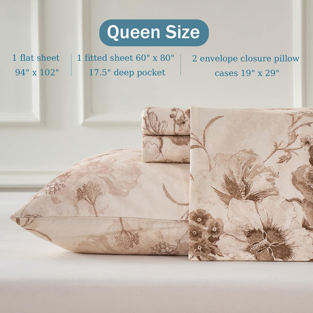 Brown Sheet Set 100% Cotton Flannel-Like Warm Luxury Peony Toile Floral Bed Sheets 4Pc Deep Pocket 17.5"