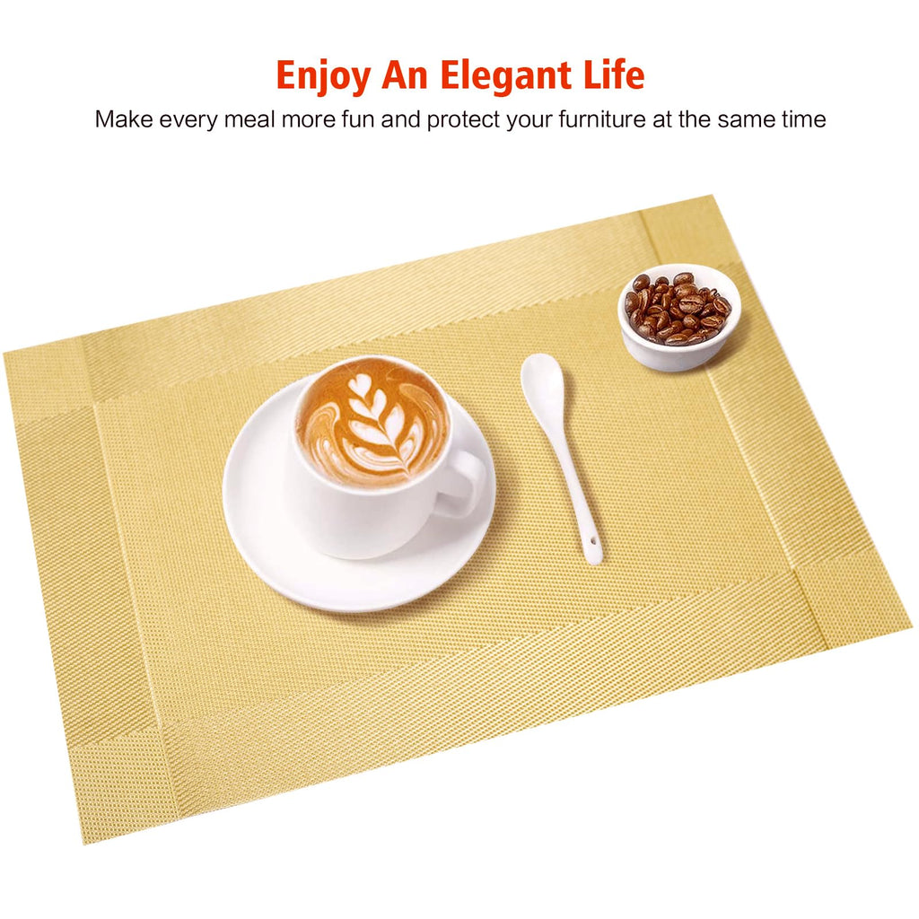 Gold Vinyl Placemats Set of 8,Washable Dining PVC Table Mats