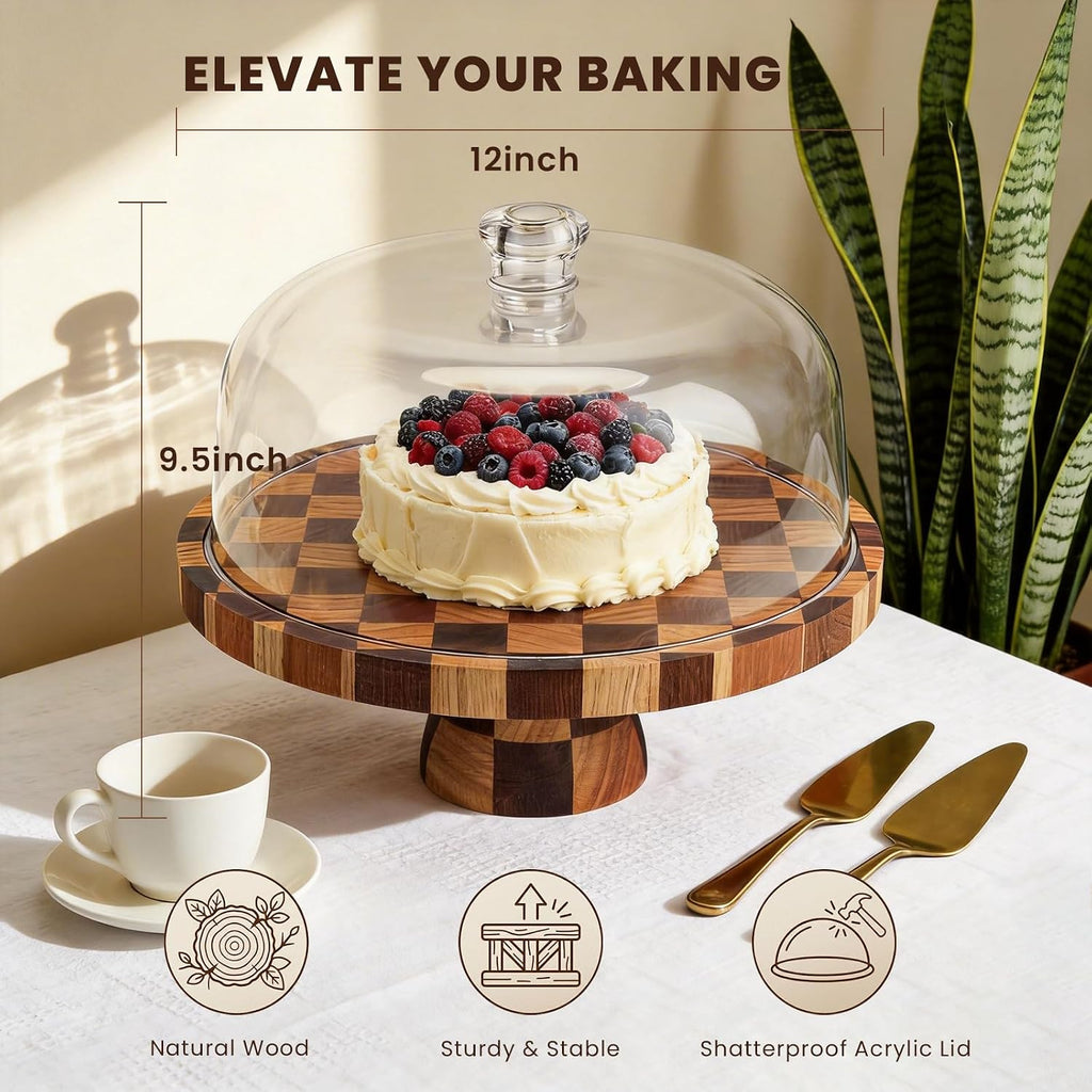 Cake Stand with Shatterproof Acrylic Dome, 12in Wooden Cake Stand