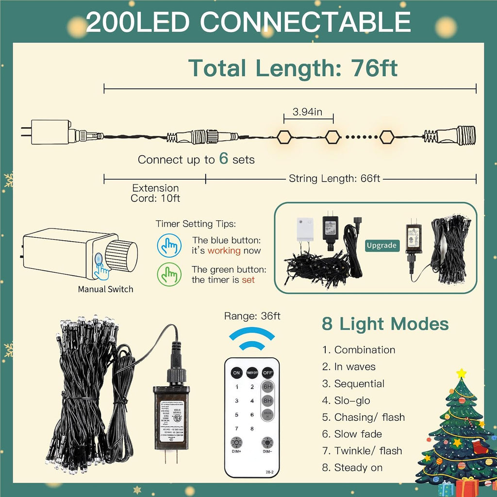 Christmas Tree Lights Indoor, 66ft 200led Connectable Tree Lights with 8 Modes, Twinkle Lights for Christmas Tree