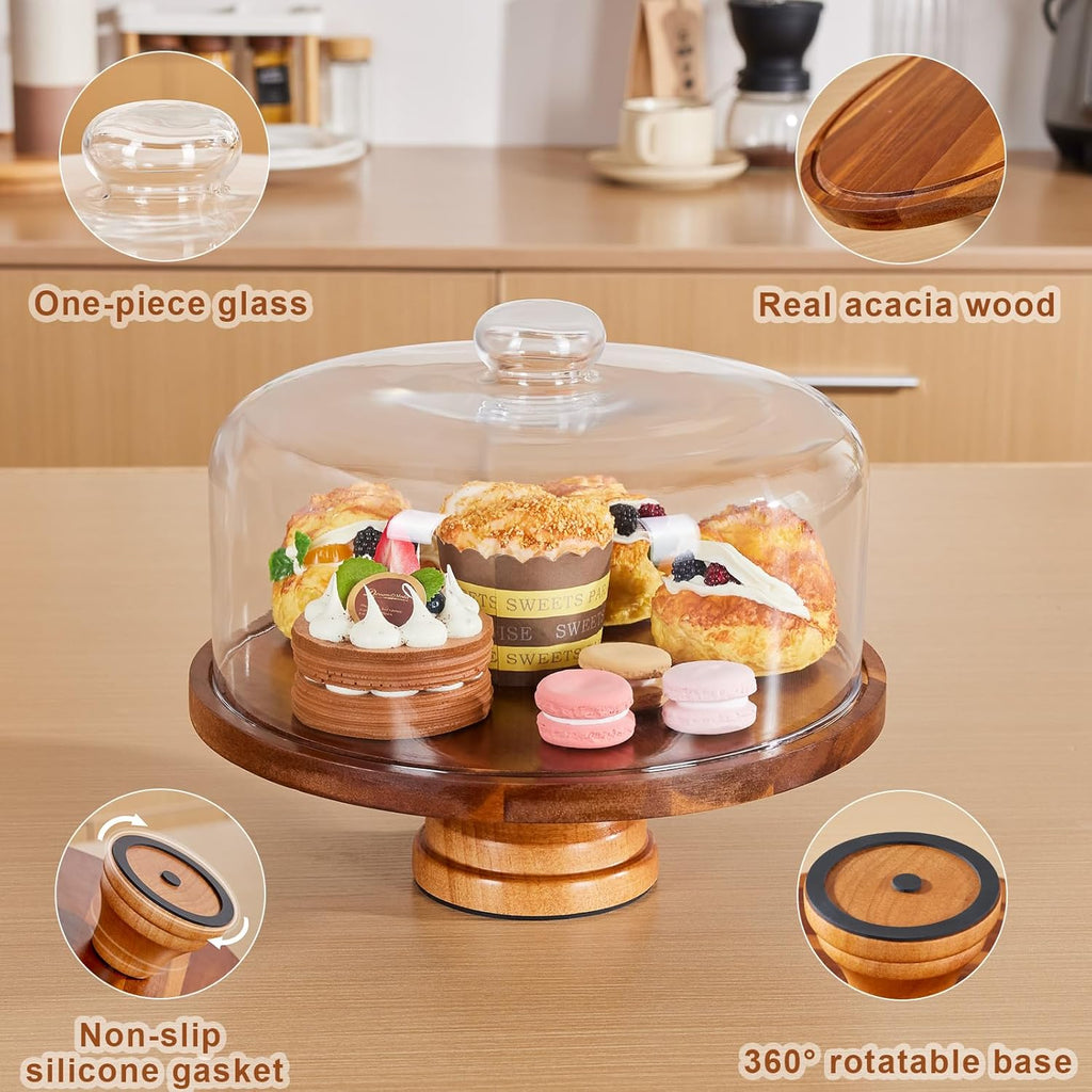 Cake Stand with Lid: 11in Rotating Wooden Cake Holder w/Glass Dome