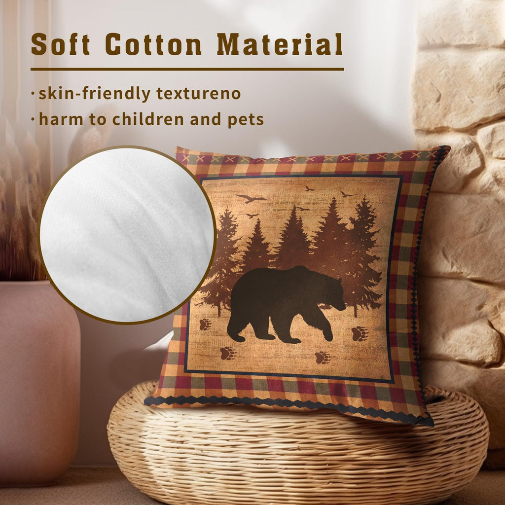 Bear Throw Pillow Covers 18x18 Inch Set of 2 Forest Cabin Nature Wildlife Square Pillowcase Buffalo Plaid Decorative