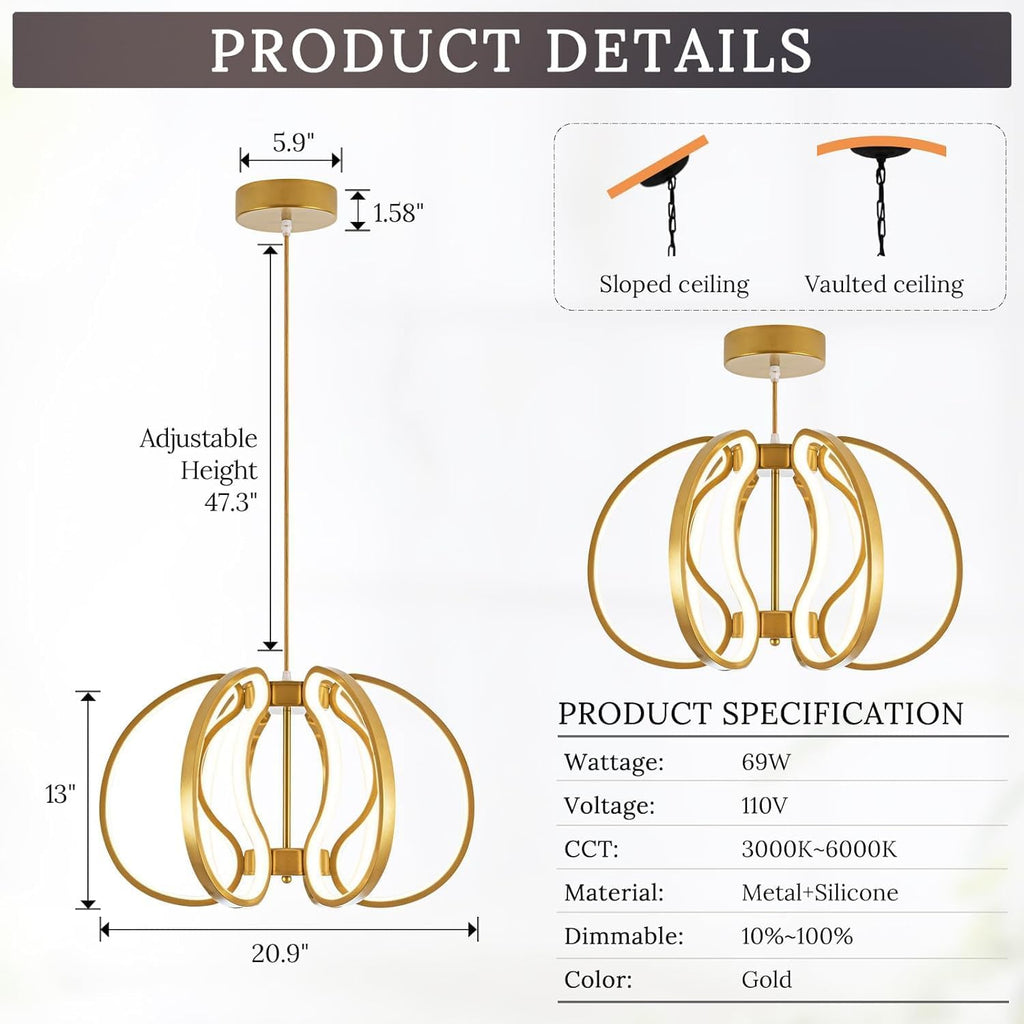 Modern Gold Chandelier with Remote Control, 69W 3-Color Temperature Dimmable LED Chandelier for Dining Room, Hanging