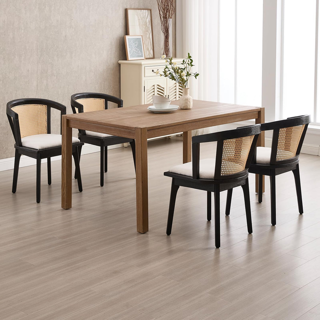 Modern Rattan Dining Chair Set of 4 Farmhouse Semi Barrel Dining Room Chair Wooden Upholstered Chair Oak Finish