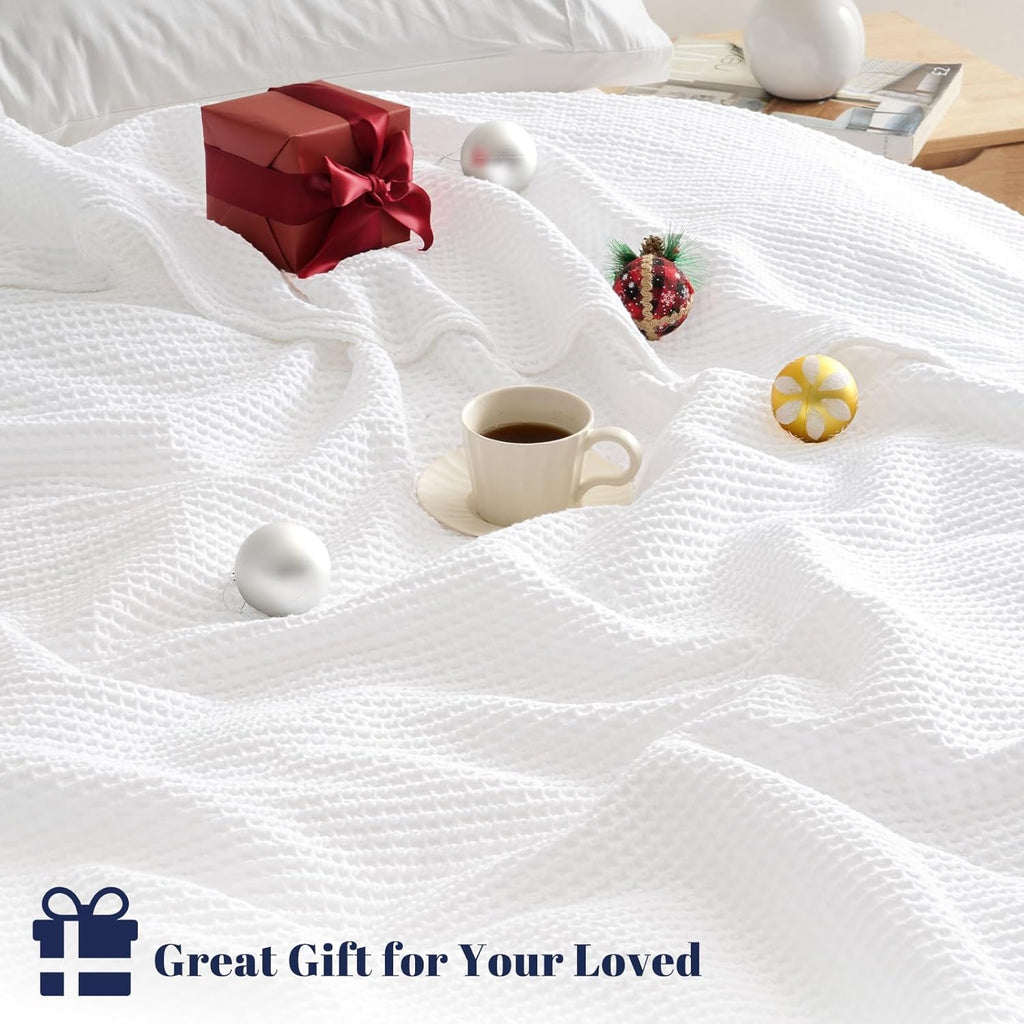 100% Cotton Waffle Weave Throw Blanket 50" x 60"-Lightweight Cozy Washed Soft Breathable Throw Blanket for Adults and