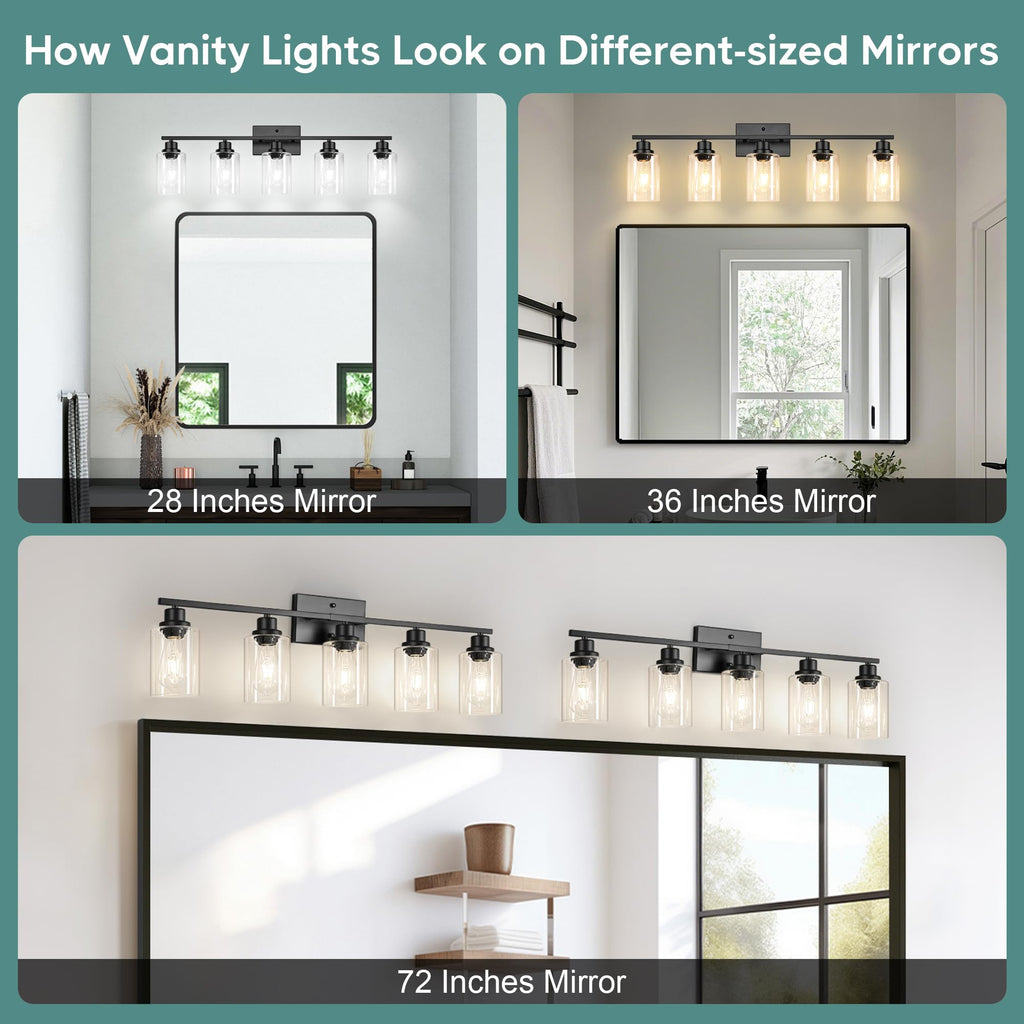 Bathroom Light Fixtures, 5-Light Vanity Light Over Mirror, Matte Black Wall Sconces with Clear Glass Shades, Wall