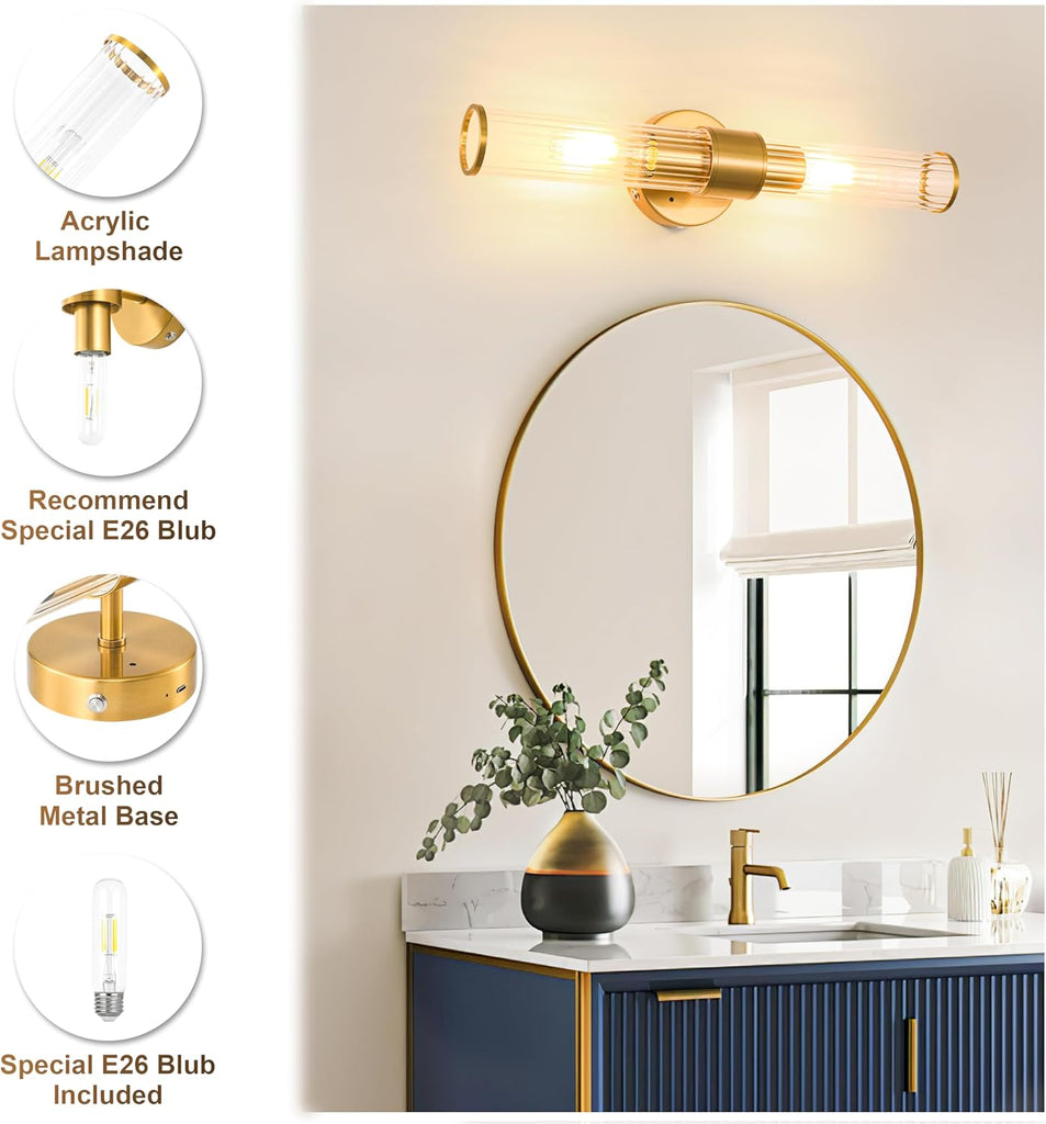 Gold Battery Operated Wall Sconces Set of Two, Rechargeable Wall Sconce with Dimmable Remote Control, 20 Inch