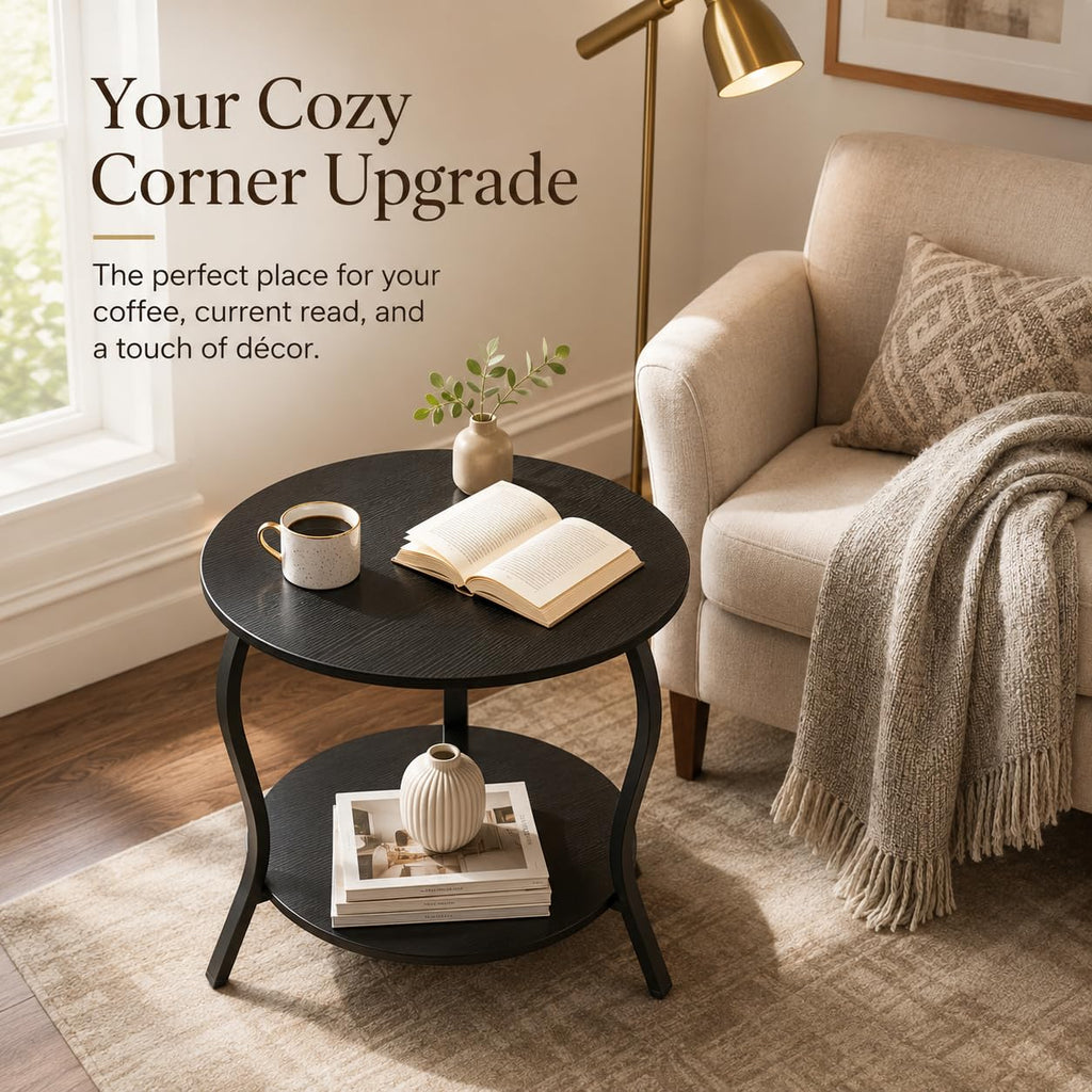 Small Round Coffee Table with Open Storage, 23" 2-Tier Coffee Side Tables for Small Space, Accent Center Table Circle