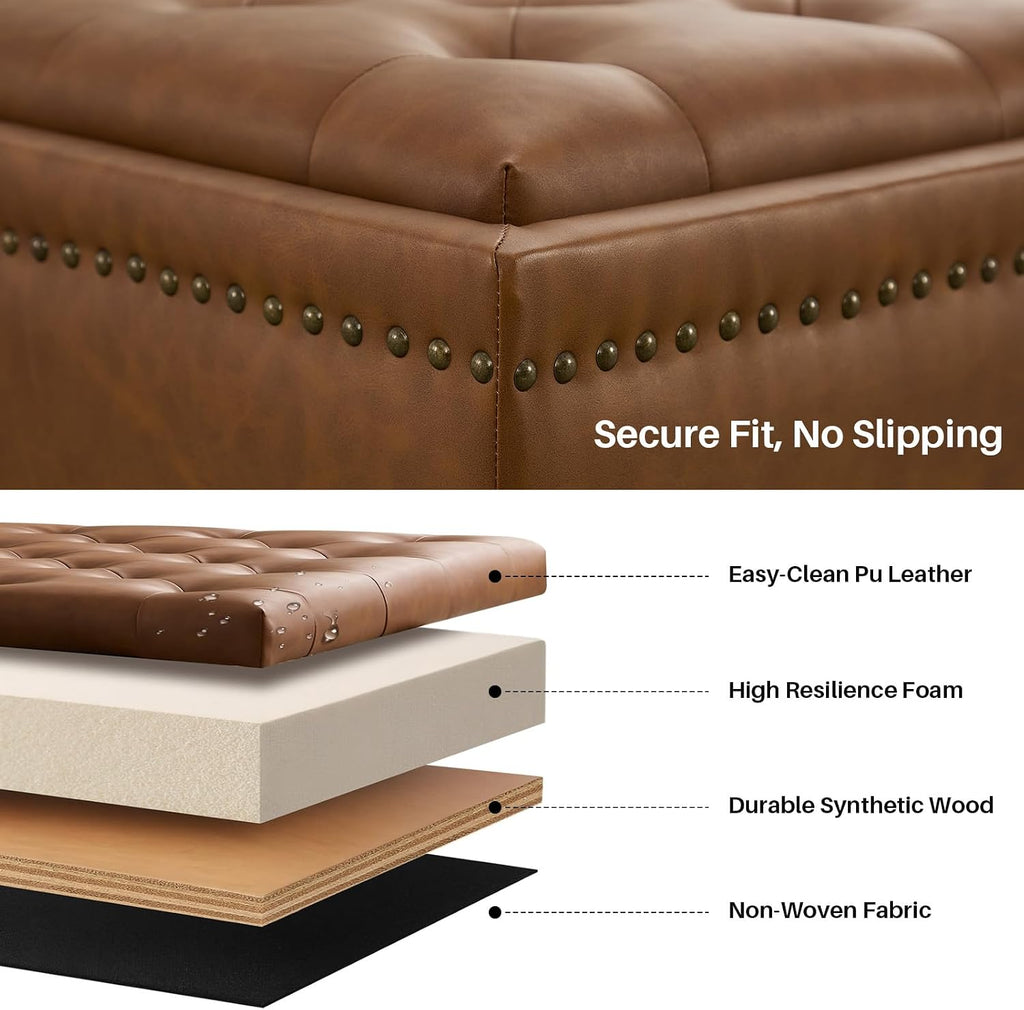 Square Ottoman Coffee Table, Large Leather Ottoman with Storage | Oversized Footstool, Anti-Slip Embedded Lid, Brass