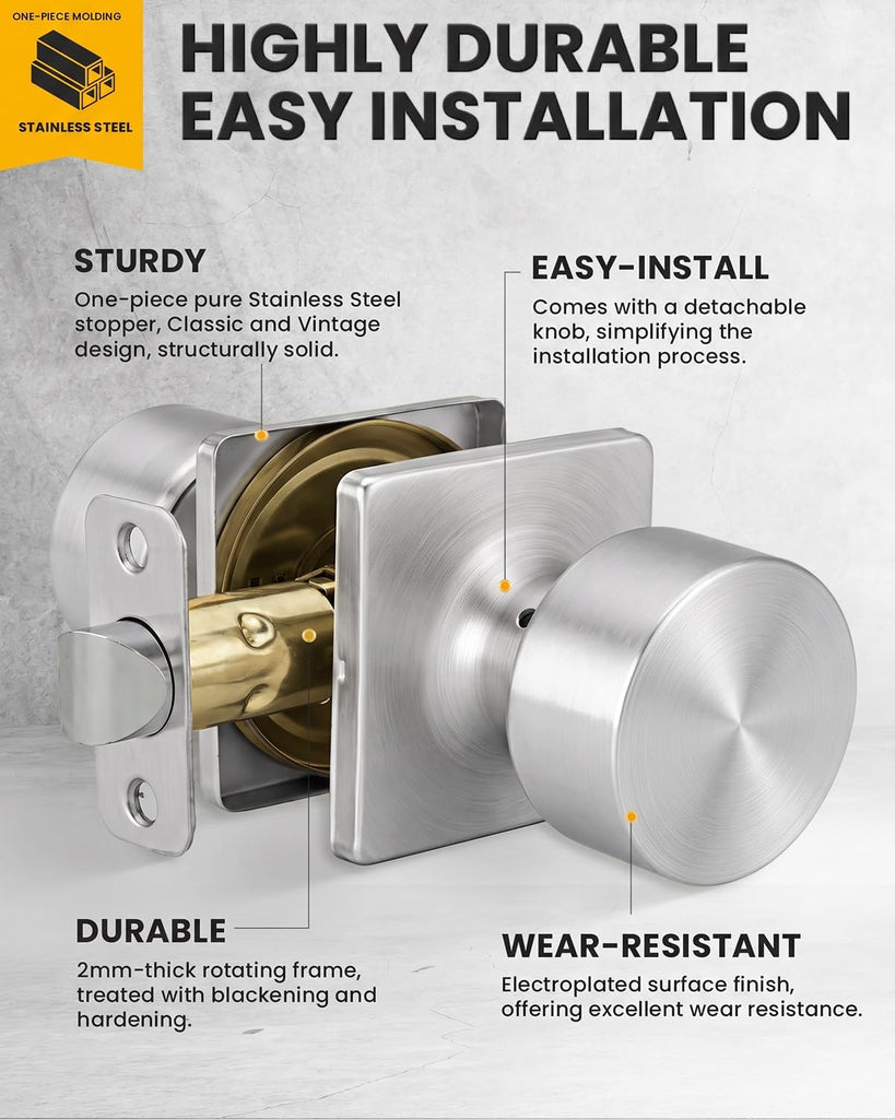 Brushed Nickel Door Knob Interior, Passage Door Knobs 2 Pack