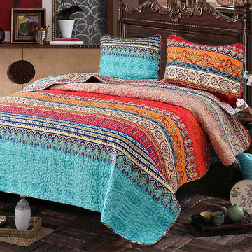 Quilt Sets 3PC, Bedspreads Coverlet, Quilts Bedding Set, Boho Red Blue Colorful Retro Striped Printed