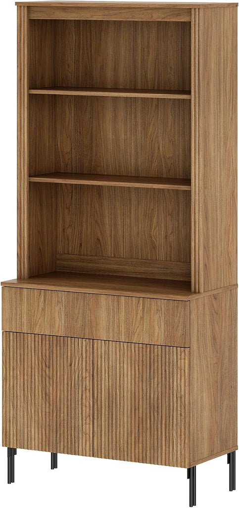 Modern 71.5" Tall Bookcase with 2 Doors & 1 Drawers, Fluted Bookcase with Storage and Adjustable Shelves, Wooden
