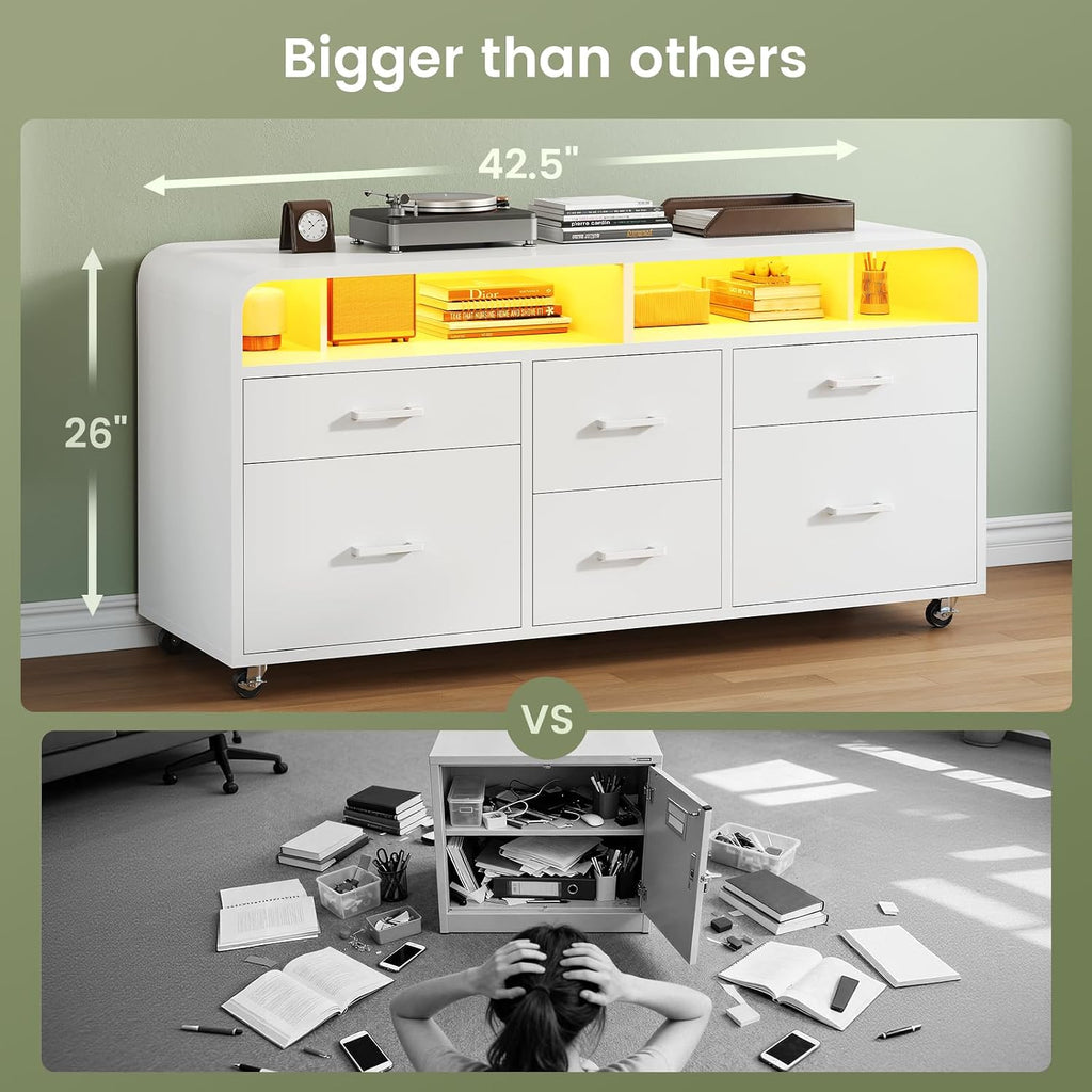 6 Drawers File Cabinet with Power Strip fits Legal/Letter/A4 Size | 47" Wood Mobile Lateral Filing Cabinet , Printer