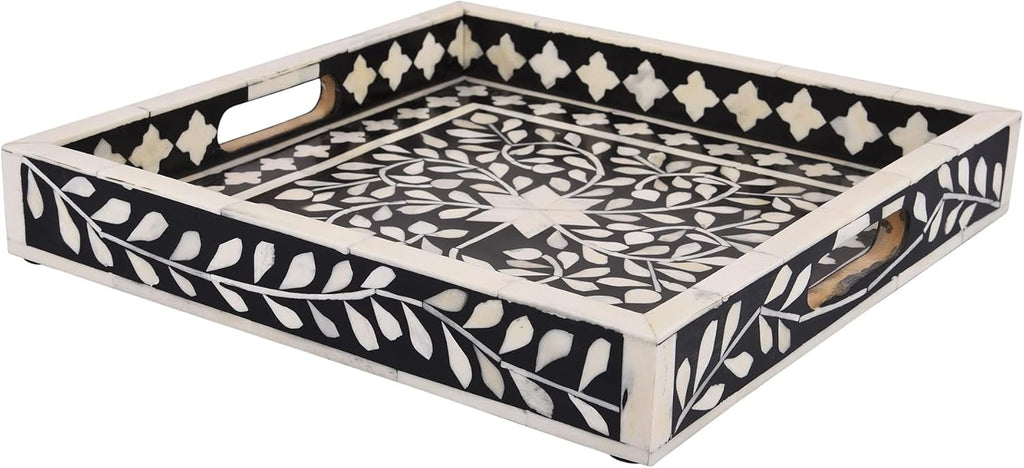 Alhambra Bone Inlay Decorative Tray, Coffee Table & Ottoman Serving Tray, Black White Vanity Countertop Organizer
