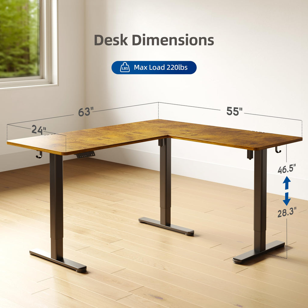 Corner Standing Desk Electric Dual Motor 63 x 55 Inch Rustic Brown