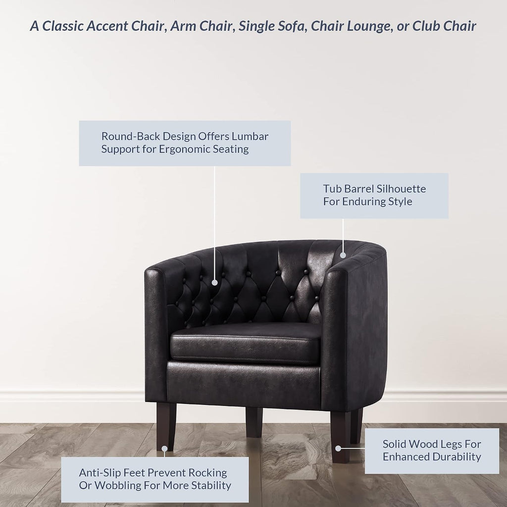 Black Accent Chairs, Elegant Arm Chair Upholstered Tufted Barrel Chair Club Chair with Sturdy Legs and Faux Leather
