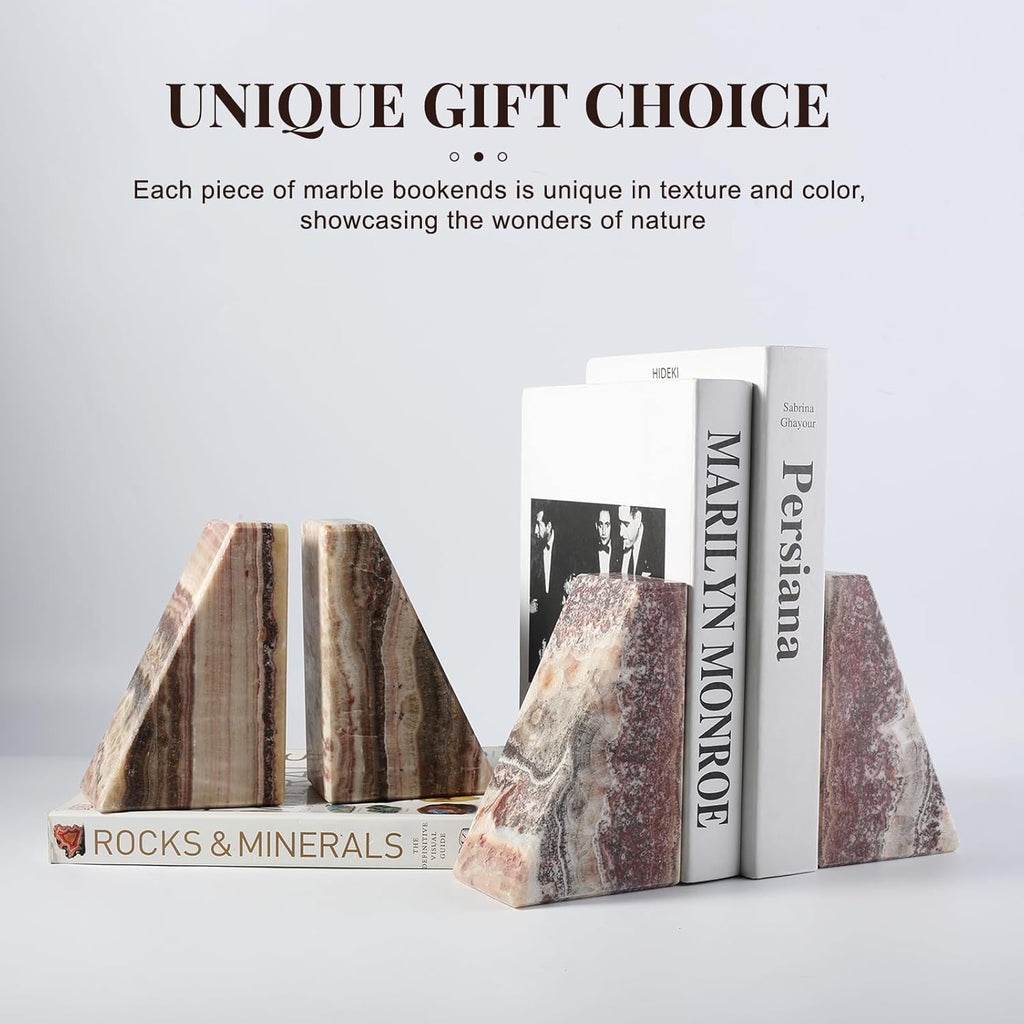 Natural Onyx Bookends for Shelves, Decorative Bookends for Heavy Books, Non-Slip Heavy Duty Book Stopper for