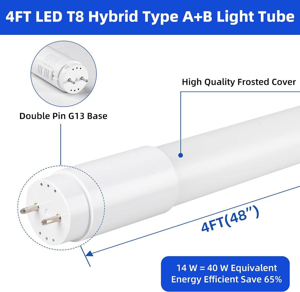 T8 LED Bulbs 4 Foot,186LM/W 5CCT 3000-6500K 14W 2600LM DLC 6.0 ETL