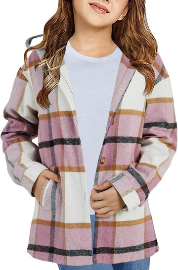 Girls Flannel Plaid Button Down Top with Pockets Long Sleeve Hooded Jackets Length Below Hip Circumference