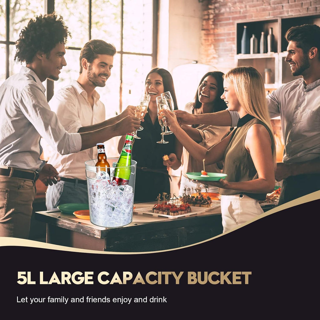 6 Set Plastic Ice Buckets for Parties with Handle, Scoop, Serving Tongs, Large Clear Ice Bucket Round Chiller