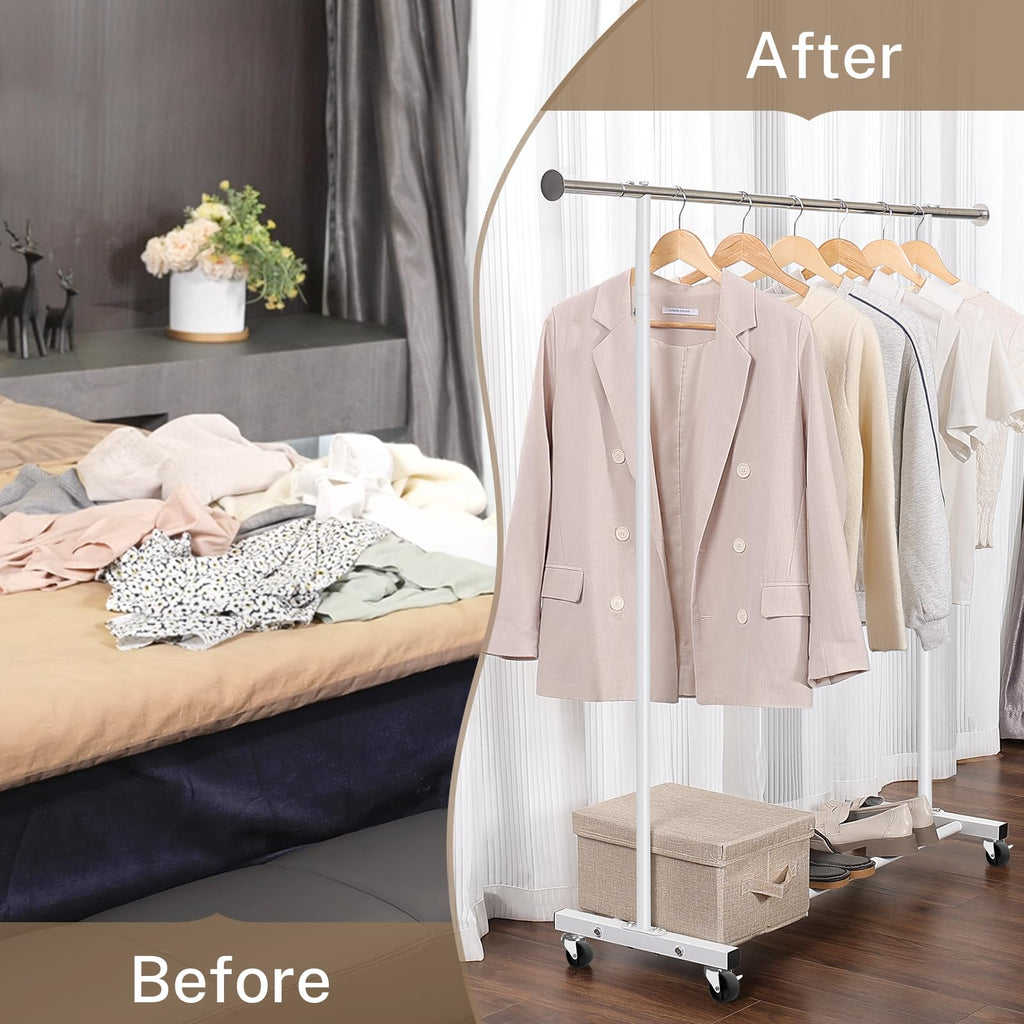 Clothes Rack, 130LB Capacity Heavy Duty Clothing Rack with Wheels and Bottom Shelf, 52.17 Inch Rolling Racks for
