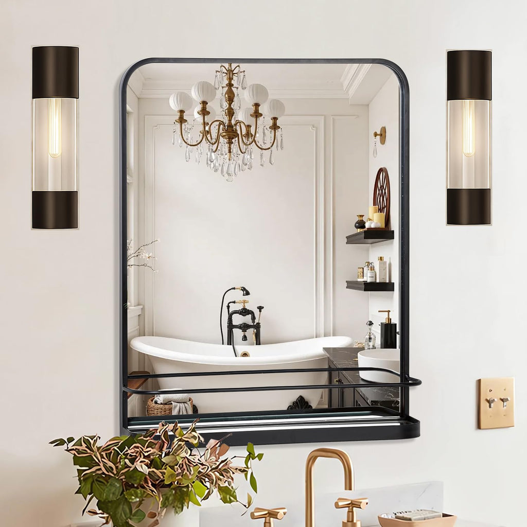 Black Bathroom Mirror with Shelf, 24"x36" Wall Mounted Vanity Mirror with Metal Frame & Rounded Corners, Storage Shelf