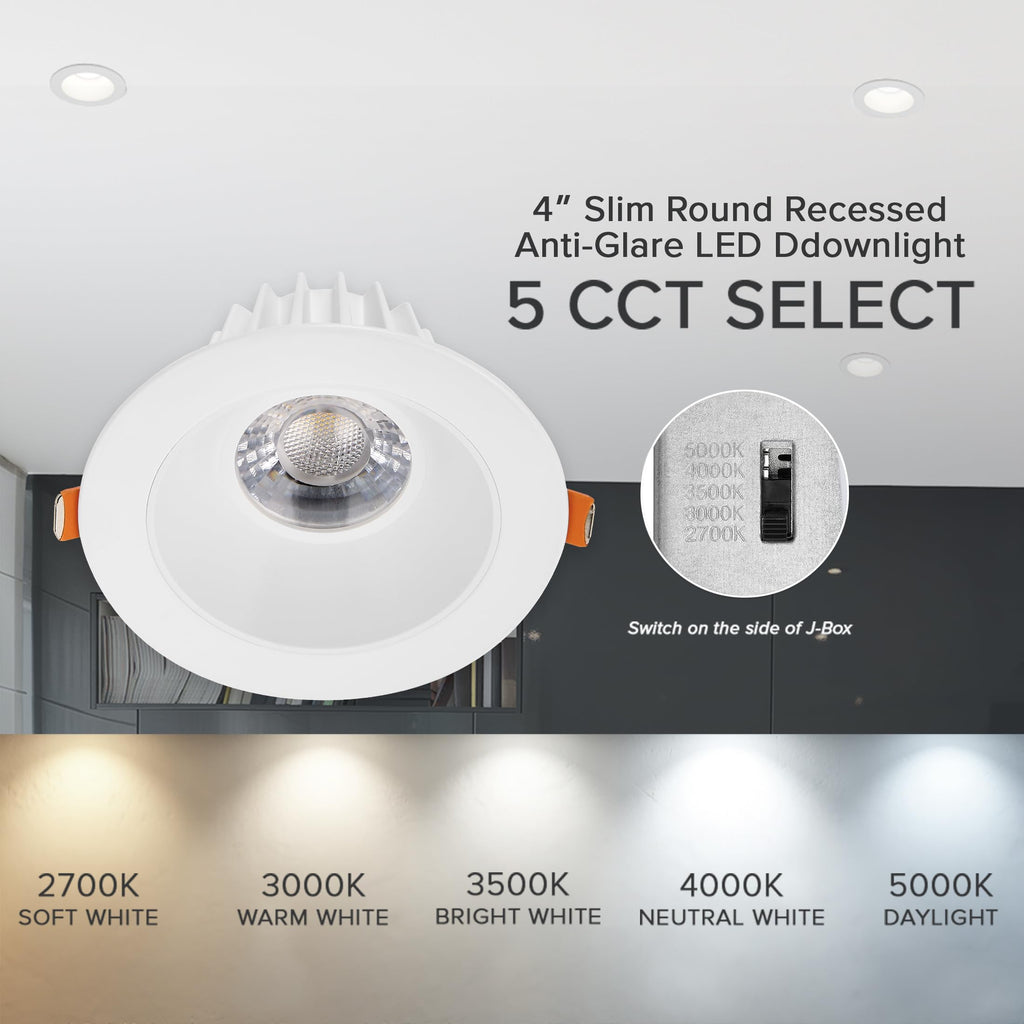 4" Anti-Glare LED Downlight Canless, 1200 Lumens, 5 CCT, White