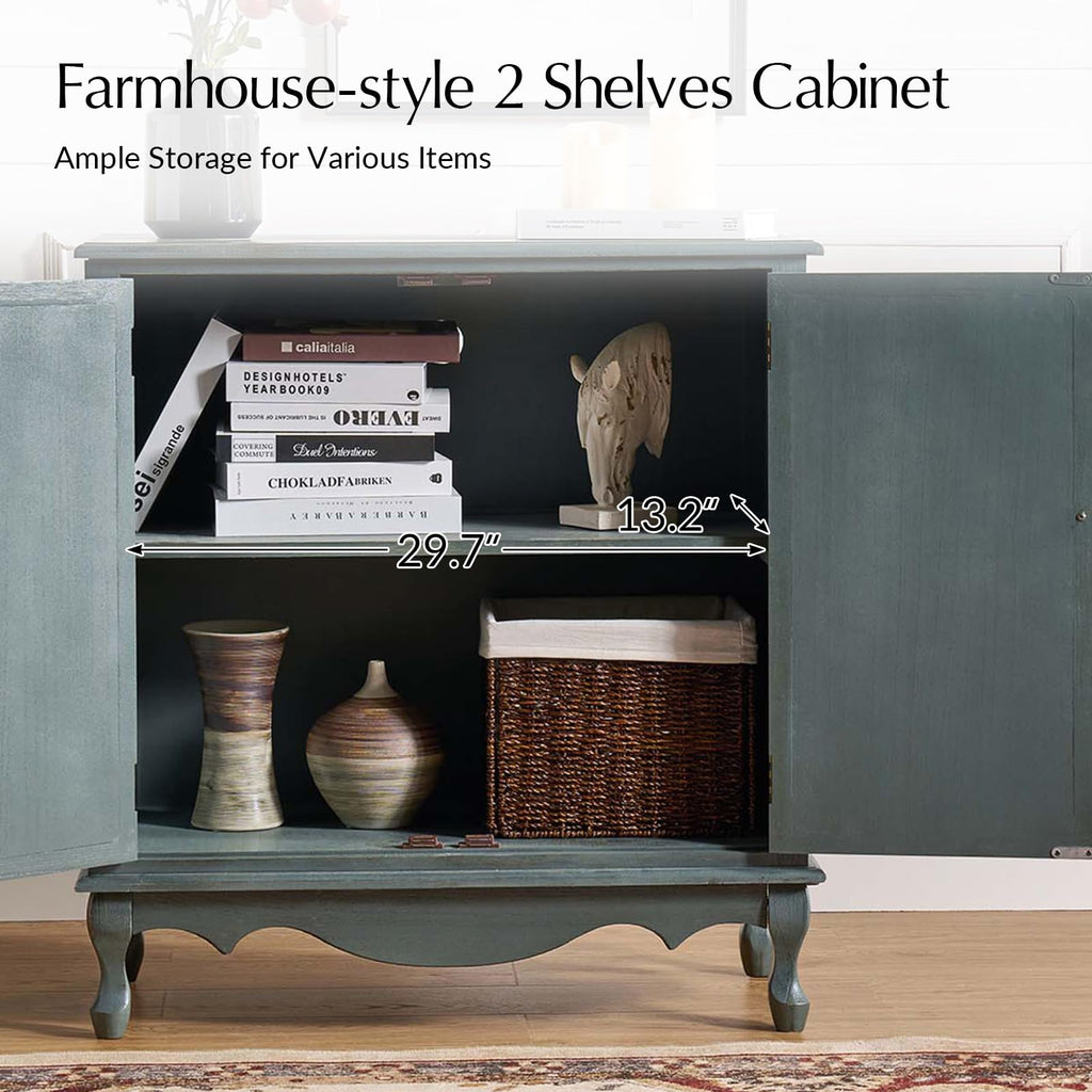 Antique Solid Wood Sideboard with Adjustable Feet, 2 Shelves Storage Accent Cabinet with 2 Doors, Farmhouse Vintage