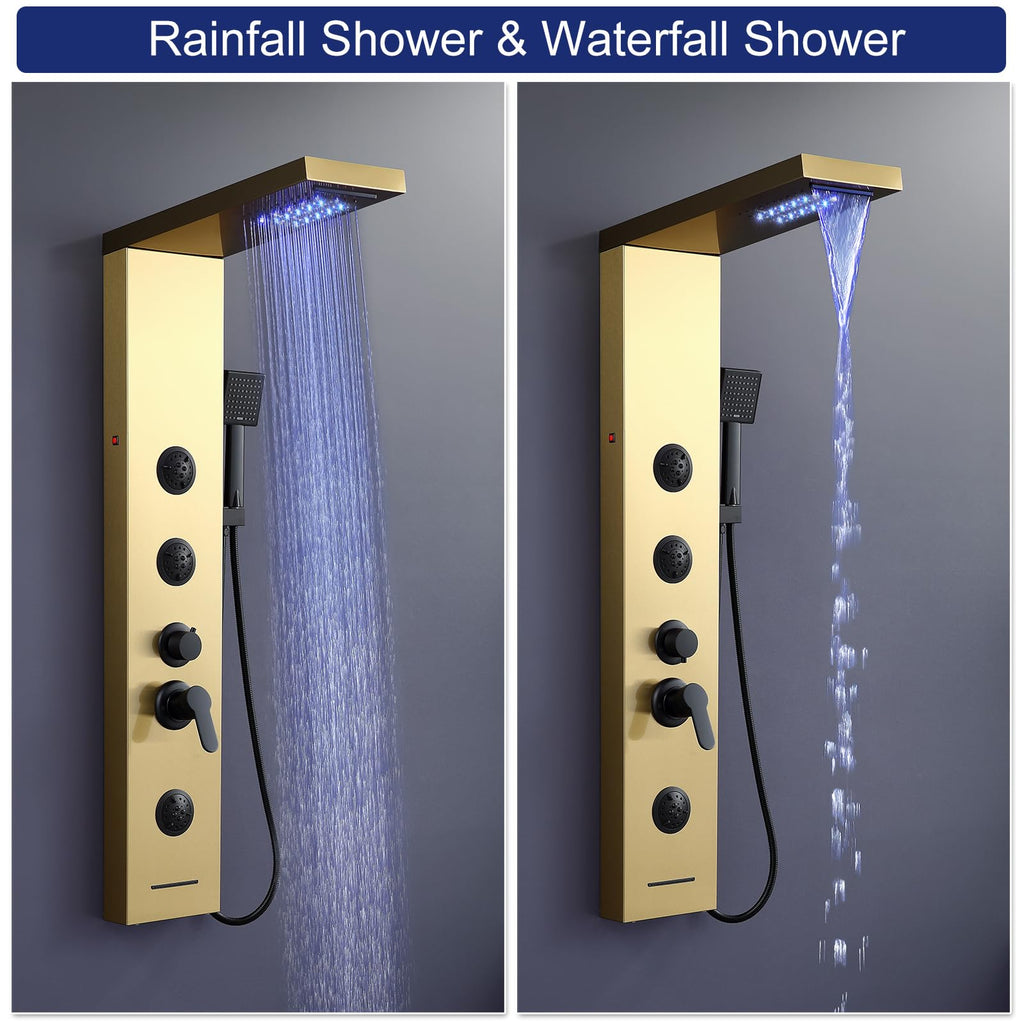 6 in 1 LED Rainfall Waterfall Shower Panel Tower System Brushed Gold