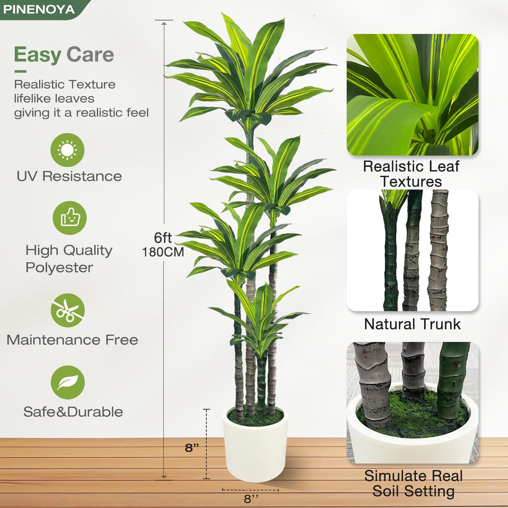 Artificial Dracaena Tree 6ft, Tall Fake Dracaena Plants with White Planter, Faux Dragon Tree Indoor Floor Plant Decor