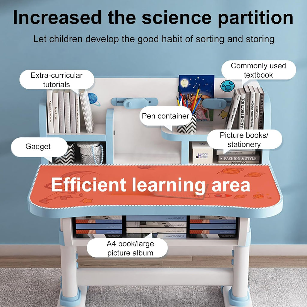 Kids Functional Desk and Chair Set, Height Adjustable Children School Study Table Chair Set with Cartoon Pattern