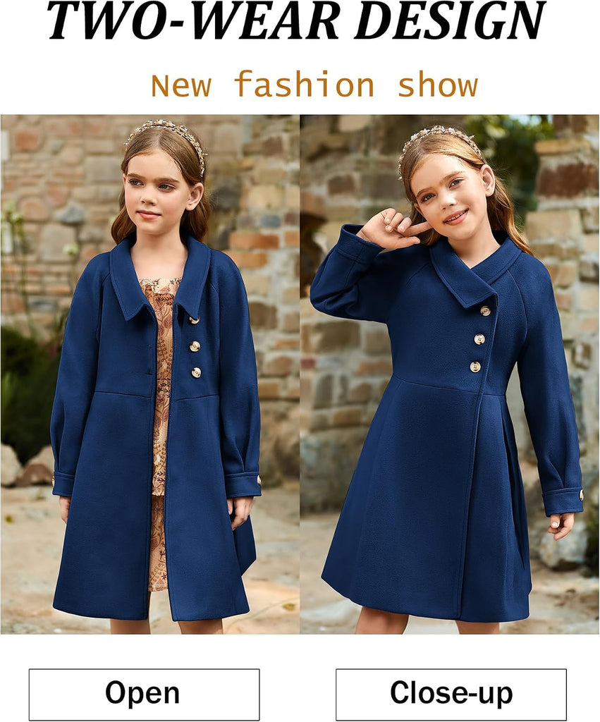 Girls Peacoat Dress Coat Wool Lapel Jacket Fall Winter Outfit