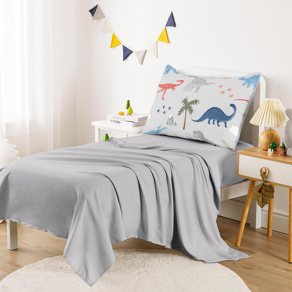 Toddler Bedding Set for Boys, Colorful Jurassic Dinosaur Volcano, 4 Pieces Soft Crib Bed Set Including Comforter