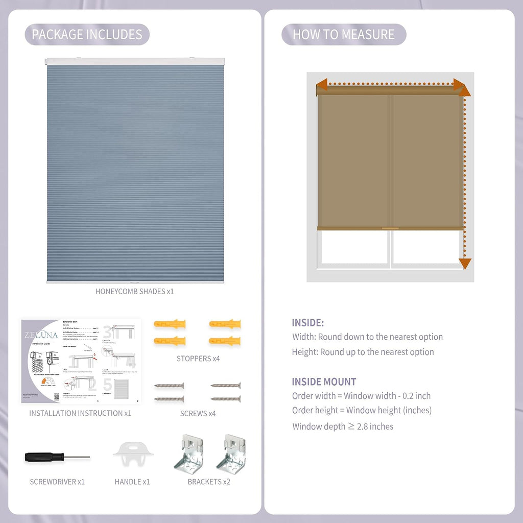 Cordless No Drill Blackout Honeycomb Shades - Thermal Insulation, UV Protection, Privacy, Room Darkening, Blue