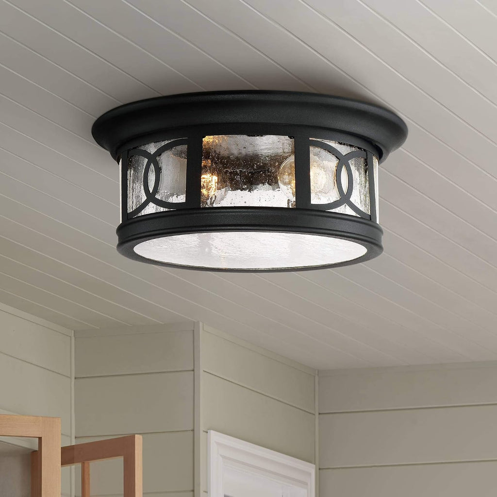 Capistrano Mission Flush-Mount Outdoor Ceiling Light Fixture Black 12" Seedy Glass Damp Rated for Exterior House