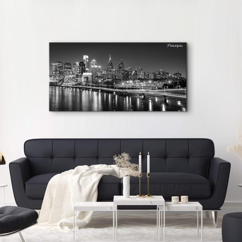 Philadelphia Skyline Canvas Wall Art Black and White Pennsylvania Cityscape Pictures Philly City Night View Prints