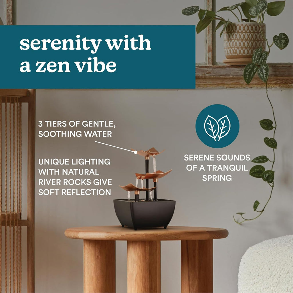 Tabletop Water Fountain, 3 Tier Indoor Waterfall Fountain with Natural River Rocks, Quiet Pump for Relaxation, Zen