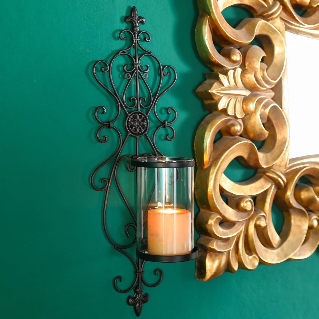 24" Hurricane Wall Sconces Set of Two, Iron & Glass Sconces for Candles