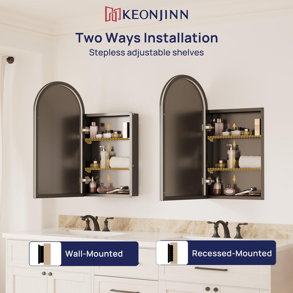 Black Medicine Cabinet with Mirror 16"x30", Arched Wall Cabinet