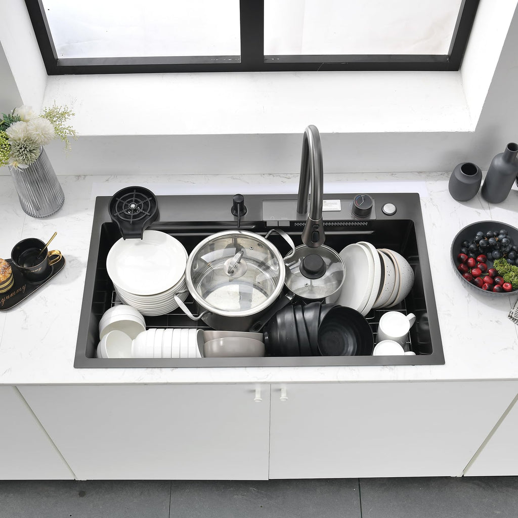 Waterfall 30 Inch Drop-in Single Bowl Stainless Steel Multifunctional with 2-in-1 Faucet and Accessories (30"x18")