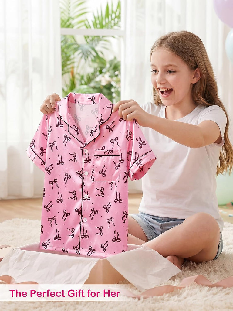 Girls Satin Pajamas Set, Silky Kids Sleepwear PJs for Teen